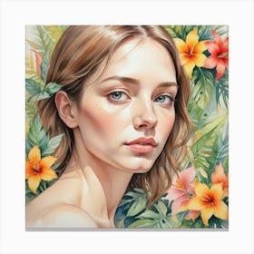 Watercolor Of A Girl With Flowers 5 Canvas Print