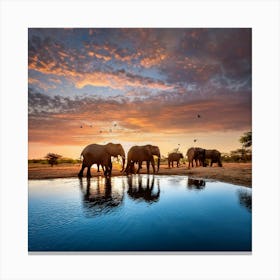 Elephants At Sunset By The Watering Hole 1 Canvas Print