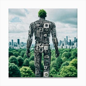 Robot Man Standing In The City Canvas Print