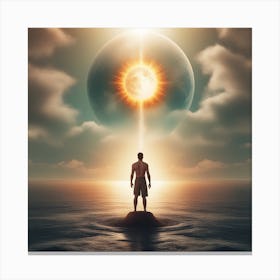 Human Standing Tall Holding A Sun And Moon And The Sea Water With His Body Power Canvas Print
