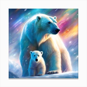 Polar Bear Mother and Cub lit by a Magical Sky Canvas Print