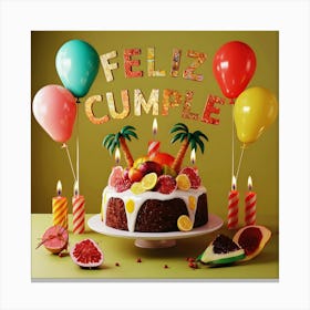 Feliz cumple and Feliz cumpleaños sign means Happy Birthday in Spanish language, Birthday party celebration gift with birthday cake candle colorful balloons best congratulation over light background wall artFeliz Cumple 60 Canvas Print