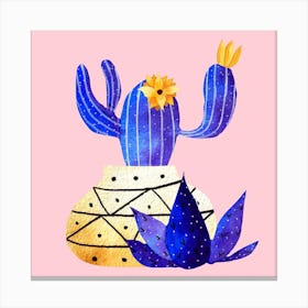 Golden Pot And Cute Cactus Square Canvas Print
