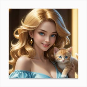 Beautiful Girl Holding A Kitten Canvas Print