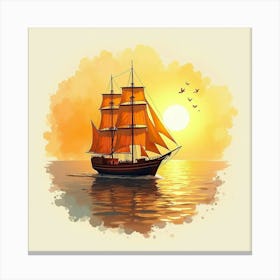 Elegant Ship Sailing Through Watercolor Golden Sunset 1 Canvas Print