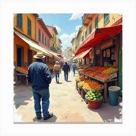 Spanish Man In A Lively Street Market, Watercolor With Vibrant Hues 1 Canvas Print