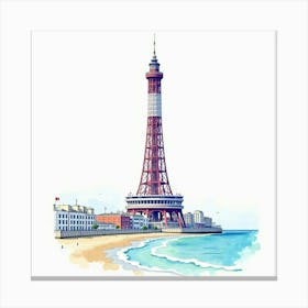 Watercolor View Of The Blackpool Tower, Highlighting Its Iconic Design And Seaside Location Canvas Print