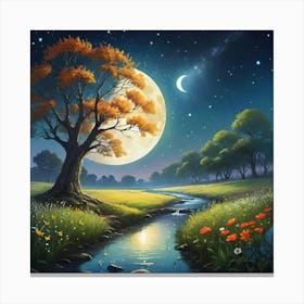 Moonlight Over A Stream 1 Canvas Print