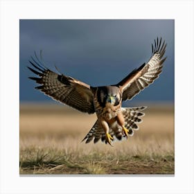 Falcon Mid Snatch Of Sparrow Intense Gaze Locked Talons Grasping Against A Stormy Sky Backdrop F(1) Canvas Print