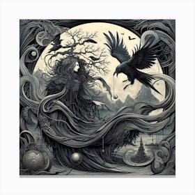 Crow And Maiden In The Night Canvas Print