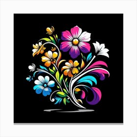 Colorful Floral Design On Black Background Canvas Print