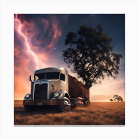 Lightning Storm Over A Semi Truck Canvas Print
