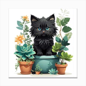 Black Cat In Pot Canvas Print