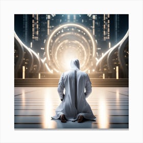 Muslim Man Praying In Front Of A City Canvas Print