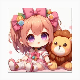 Cute Anime Girl With Lion 1 Canvas Print