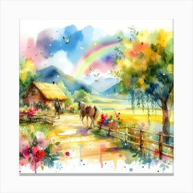 Watercolor Of A Farm With Horses Canvas Print