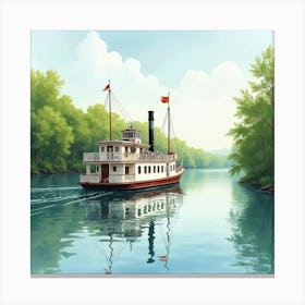 Classic Steamboat On A Watercolor Serene River 1 Canvas Print