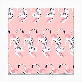 Prancing White Tiger Pattern On Pink Square Canvas Print