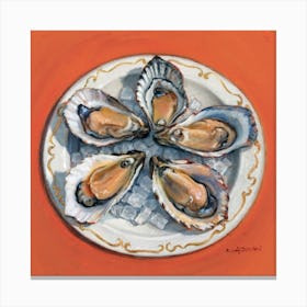 Oysters On A Plate Orange Square Painting(2) Canvas Print