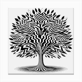 "Monochromatic Majesty: The Optical Illusion Tree" - This striking black and white artwork captivates with its optical illusion, creating a sense of movement and depth within the stillness of its arboreal subject. The tree's leaves and branches are crafted with meticulous patterns that play tricks on the eye, drawing the viewer into a mesmerizing experience. It's a bold statement piece, perfect for contemporary interiors that celebrate graphic art and design. This tree doesn't just stand in a room; it transforms the space, inviting onlookers to pause and explore the boundaries of perception. Canvas Print
