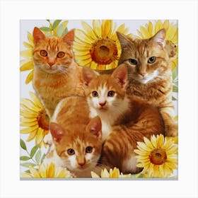 Four Cats With Sunflowers Canvas Print