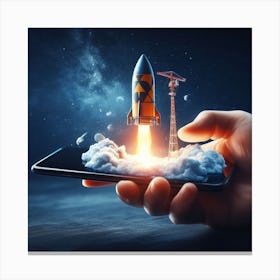 Hand Holding Smartphone With Rocket Launch Canvas Print
