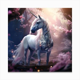 white unicorn with a long mane in a mystical fairytale forest, mountain dew, fantasy, mystical forest, fairytale, beautiful, purple pink and blue tones, dark yet enticing, Nikon Z8 3 Canvas Print