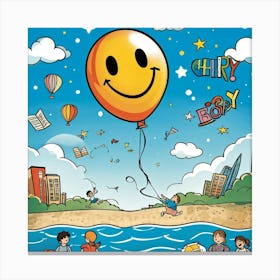 Cartoon Illustration Of A Hand Drawn Balloon Adorned With A Happy Face Floating Over A Bustling Beac (2) Canvas Print