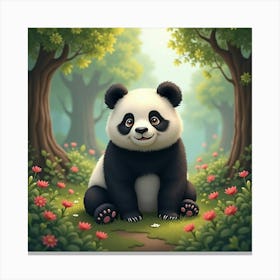 A Panda In A Whimsical, Storybook Style Forest Canvas Print