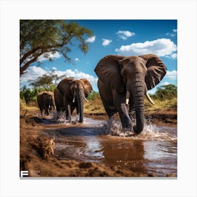 Elephants Crossing A River Canvas Print