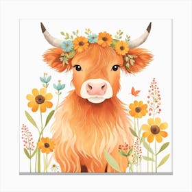 Floral Baby Highland Cow Nursery Illustration (23) Canvas Print