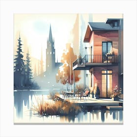 Watercolor House By The Lake Canvas Print