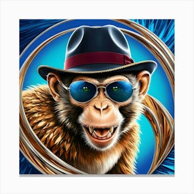 A Dazzling, High Contrast Illustration Of A Monkey Donning A Vintage Inspired, Curved Brim Fedora Hat With A Crimson Band And A Pair Of Sleek, Silver Rimmed, Oversized Sunglasses (2) Canvas Print