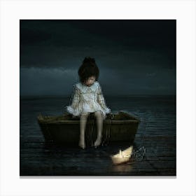 Stick Doll Exuding Melancholy Cradling A Paper Boat Set Against A Gloomy Backdrop Subdued Palette Lienzos