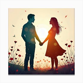 Faceless couple holding hands colorful silhouette faceless Canvas Print