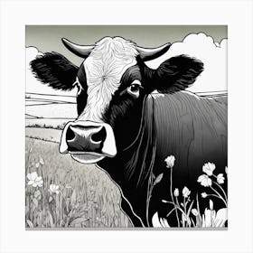 Art Of Cute Cow In The Green Land Black And White Canvas Print