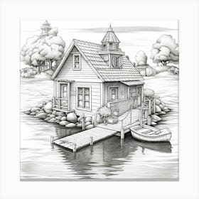 House On The Lake,A black and white drawing of a house on a dock Canvas Print