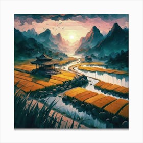 Beautiful views of rice fields, close to the river and surrounded by mountains, 1 Canvas Print