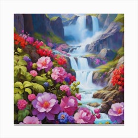 Waterfall With Flowers 1 Canvas Print