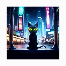 Friendly Alien Yellow Cat Like Eyes Sitting At A Bus Stop Flanked By Futuristic Poles Advertising Canvas Print