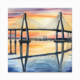 Accurate drawing and description. Sunset over the Arthur Ravenel Jr. Bridge in Charleston. Blue water and sunset reflections on the water. Watercolor.7 Canvas Print