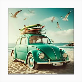 Green Vw Beetle On The Beach Front 2 Canvas Print