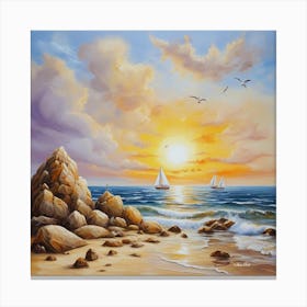 Oil painting design on canvas. Sandy beach rocks. Waves. Sailboat. Seagulls. The sun before sunset.43 Canvas Print