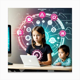 Two Children Using A Computer Canvas Print