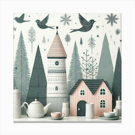 Scandinavian style, Pine forest and birds 1 Canvas Print