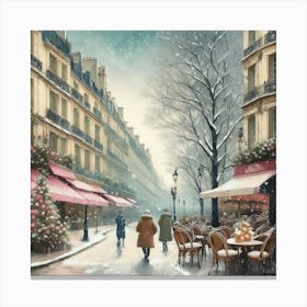 Paris cafes, winter season, Christmas, pale colors, pedestrians in the street, winter clothes, falling snow.9 Canvas Print