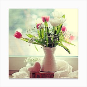 Valentine'S Day Tulips Flowers Vase Bouquet Window Canvas Print