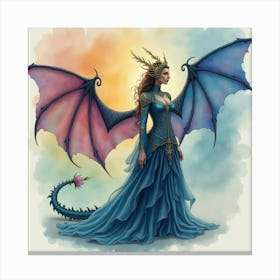 Mystical Dragon Queen In A Magical Realm, Watercolor 1 Canvas Print