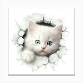 White Kitten Peeking Through A Hole Canvas Print