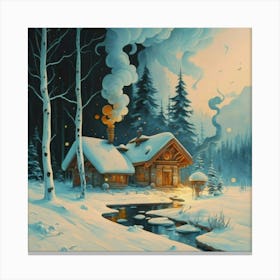 Wooden hut and falling snow Canvas Print
